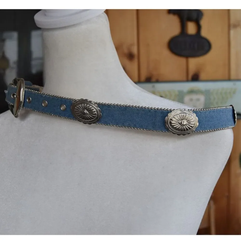 Vintage Y2K Denim Concho Belt Western Silver Studded XS S